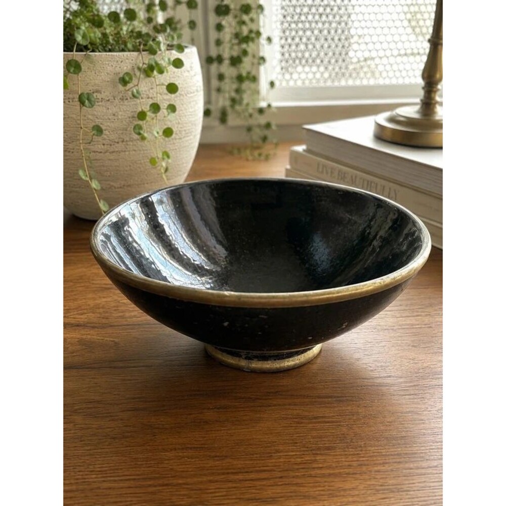 Large Black Glazed Ceramic Bowl Vintage Pottery Decor